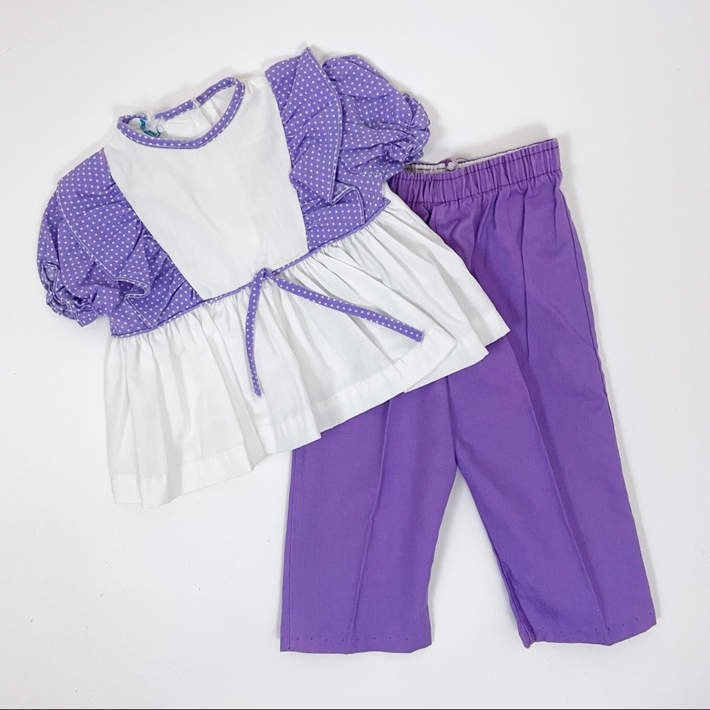 Vintage 70s Baby Purple Polka Dot Top and Pants Set